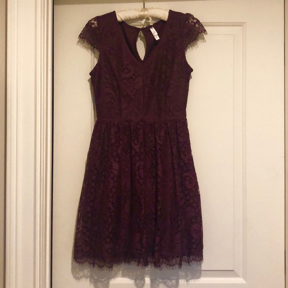 Purple lace fit and flare dress, keyhole back